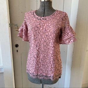 Isaac Mizrahi Floral Pink Lace Overlay Top NWOT